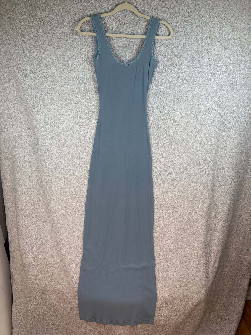 SKIMS Blue Gray Ribbed Lace Trim Maxi Slip Dress Small Coquette Balletcore